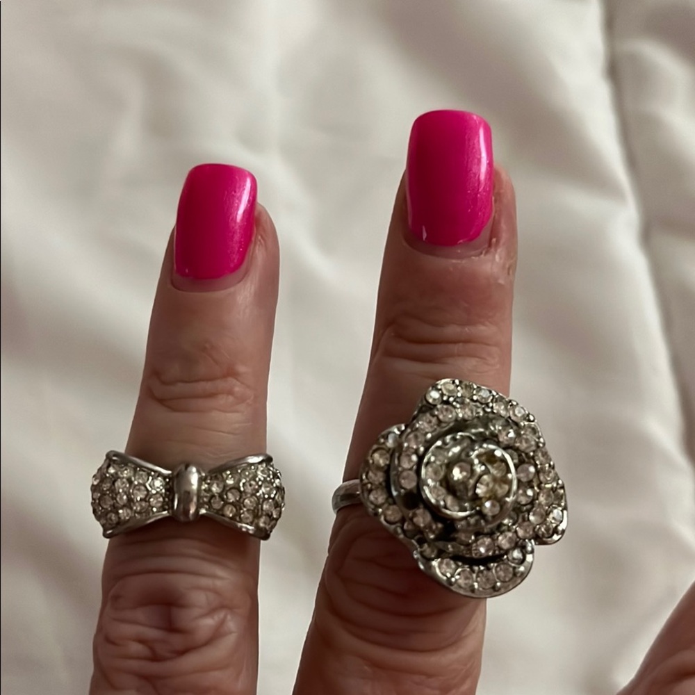 Elegant Silver Crystal Bow and Rose Ring Set
